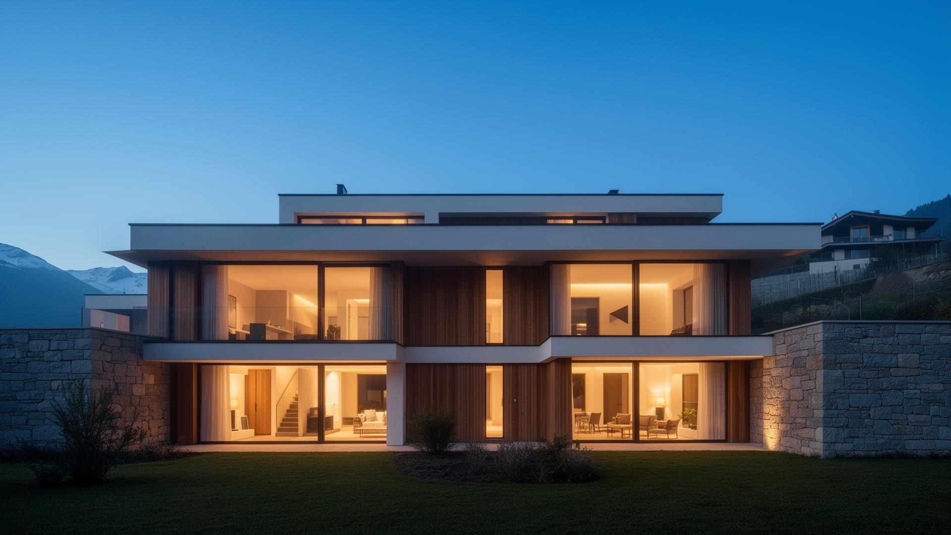 Moderne Schweizer Architektur bei Abenddämmerung